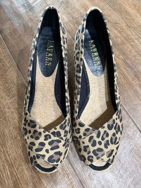 Lauren Ralph Lauren Leopard Print Peep-Toe Flats - Tan & Black